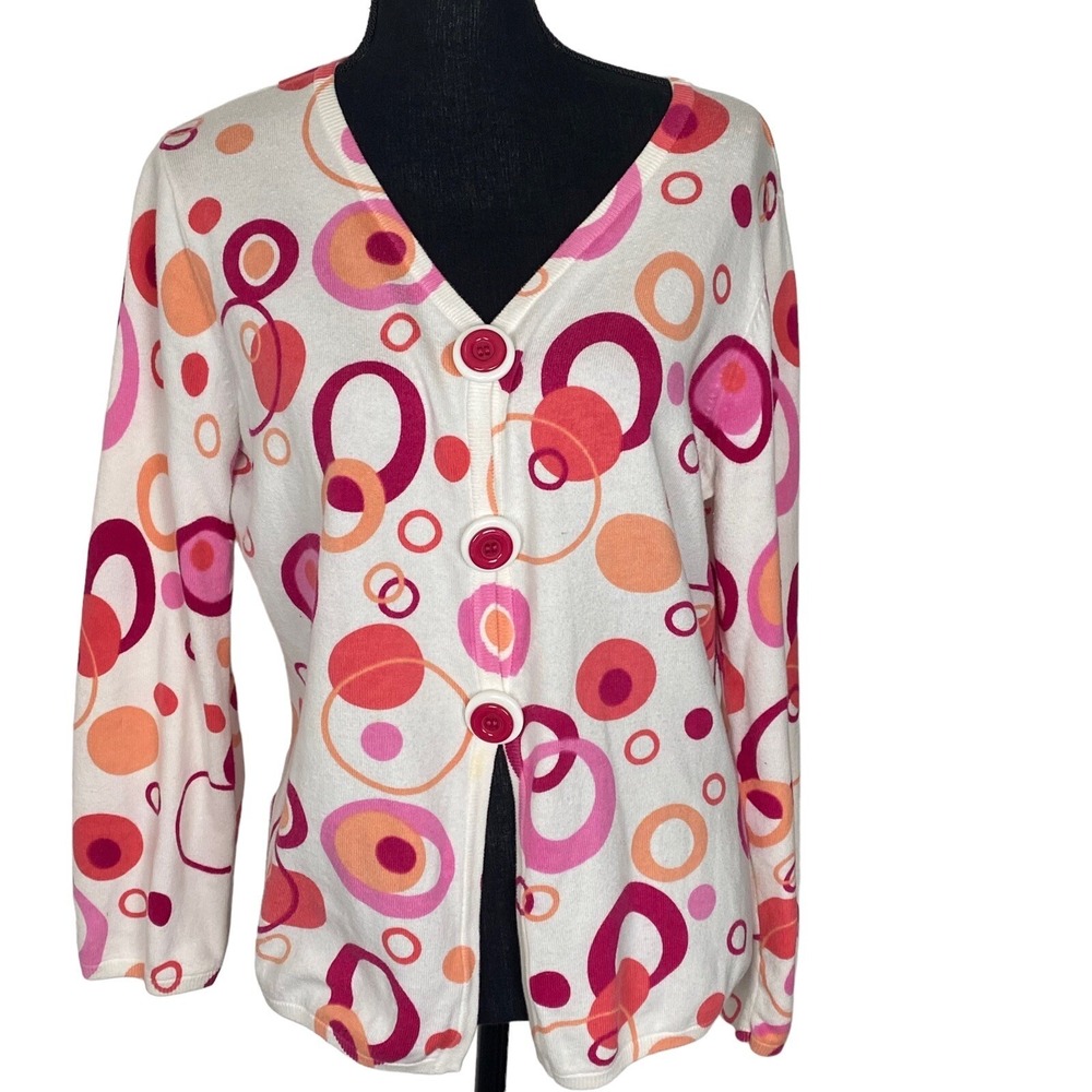 Vtg TIMBERLEA Women Button Front Circle‎ Cardigan 80s 90s Sz M White Pink 63-9